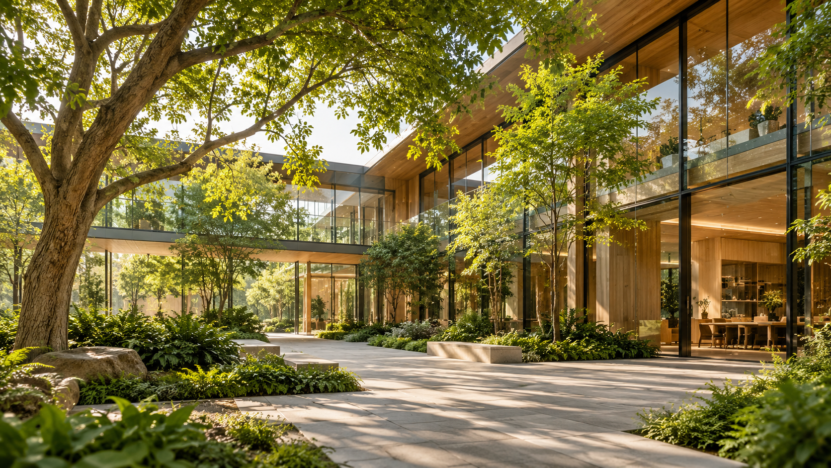 Warm contemporary timber-and-glass architecture incorporating lush greenery and natural light