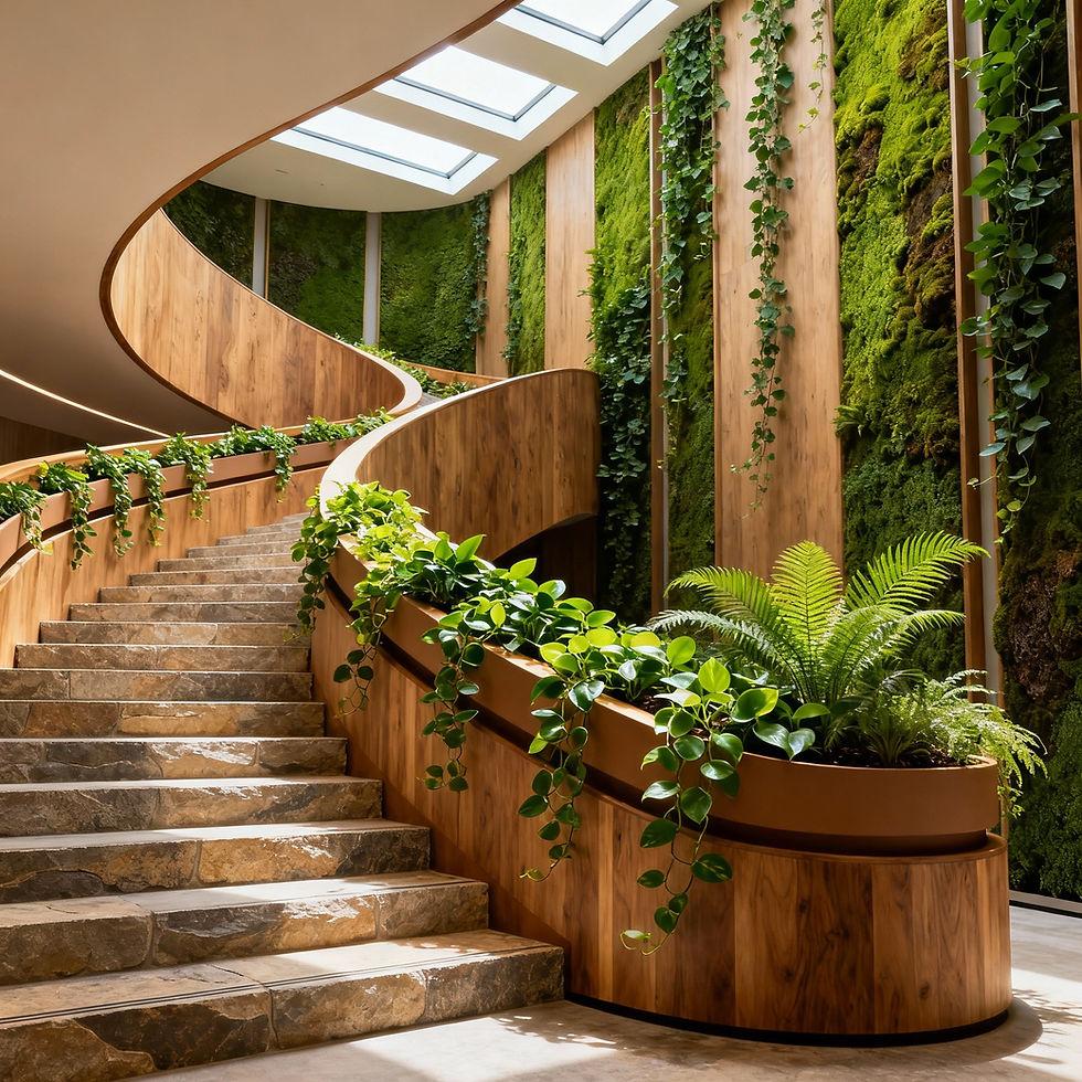 Curving wood and stone staircase surrounded by living green walls, hanging plants, and natural light
